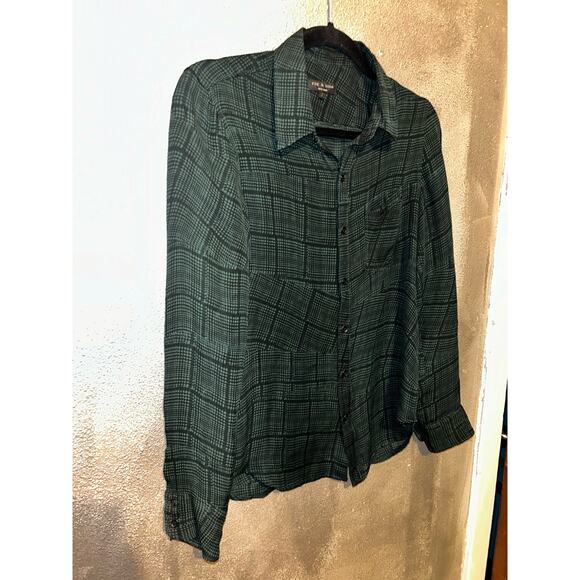 Rag & Bone Academia Grunge 100% Silk Black & Green Plaid Button Up Top  Blouse - Picture 5 of 12